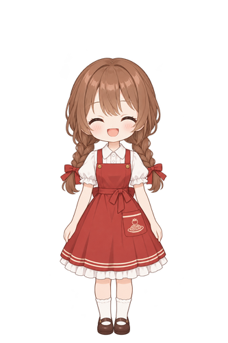 赤いエプロンドレスの女の子が、両腕を下ろして笑っている立ち絵
