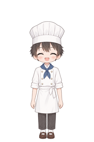 白いコック服の男の子が、両腕を下ろして笑っている立ち絵
